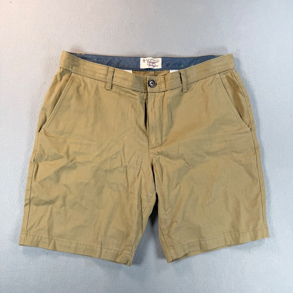 Original Penguin Mens Khaki Chino Shorts Tan Flat Front Size 36 Casual Summer